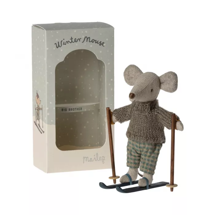 Jucarie textila - WINTER MOUSE WITH SKI SET - BIG BROTHER - Maileg