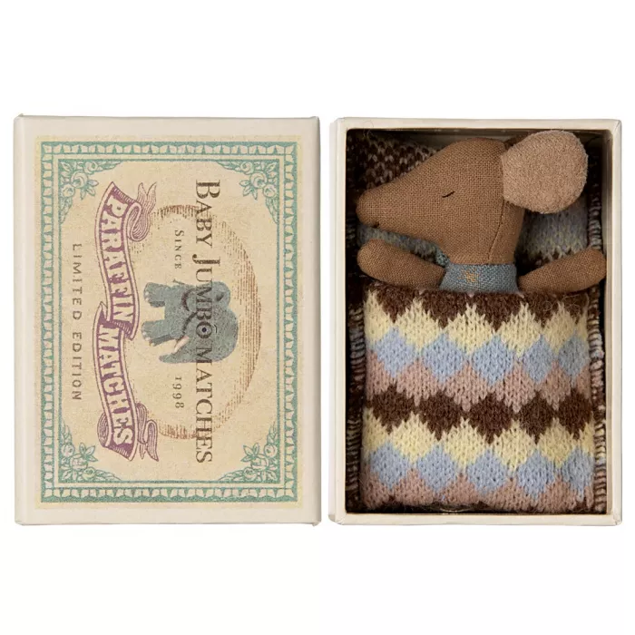 Jucarie textila - SLEEPY/WAKEY BABY MOUSE IN MATCHBOX - Blue - Maileg