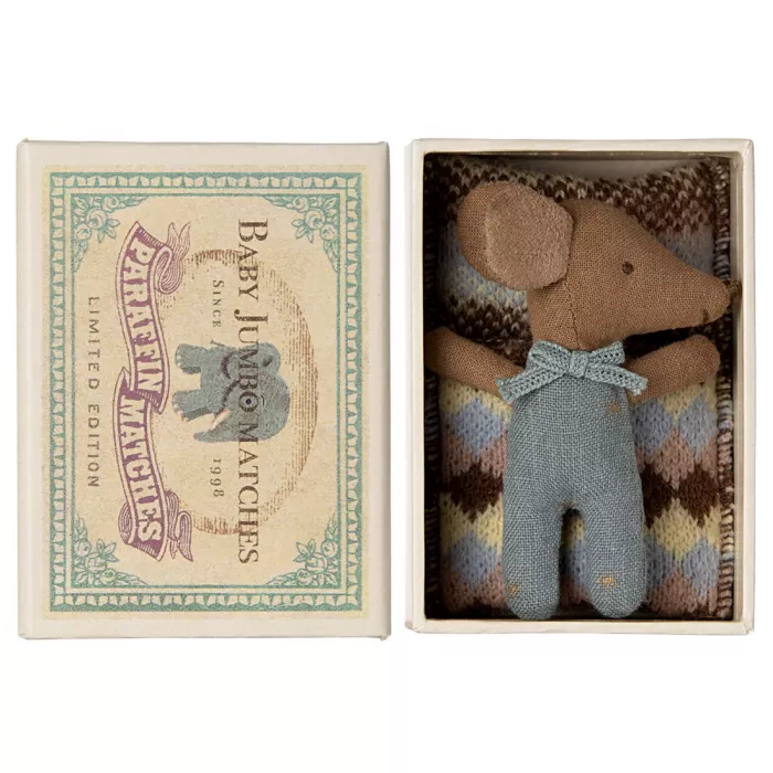 Jucarie textila - SLEEPY/WAKEY BABY MOUSE IN MATCHBOX - Blue - Maileg