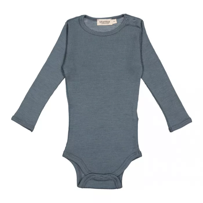 Body cu maneca lunga din lana merinos cu model rib - Bense - Stormy Blue - MarMar