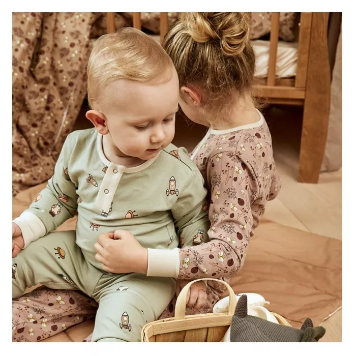 Pijama din bumbac organic pentru copii - Sara - Sand - Flower bee - Nuuroo