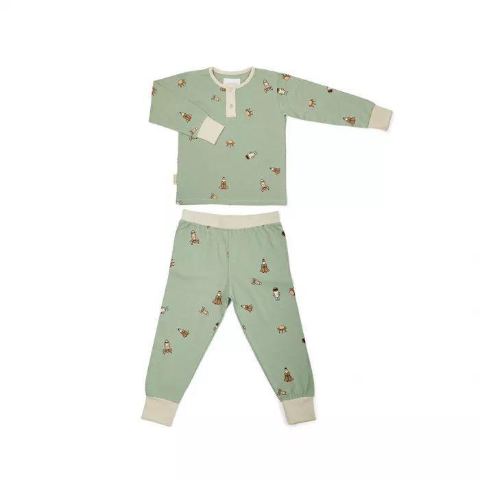 Pijama din bumbac organic pentru copii - Sara - Light green - Space - Nuuroo