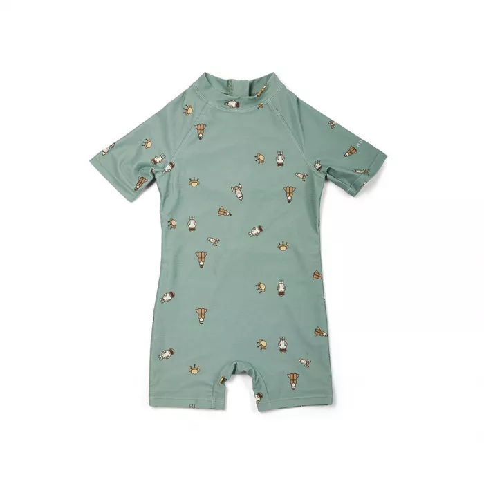 Costum de baie intreg cu maneci scurte -  Kali - Light Green - Space - Nuuroo