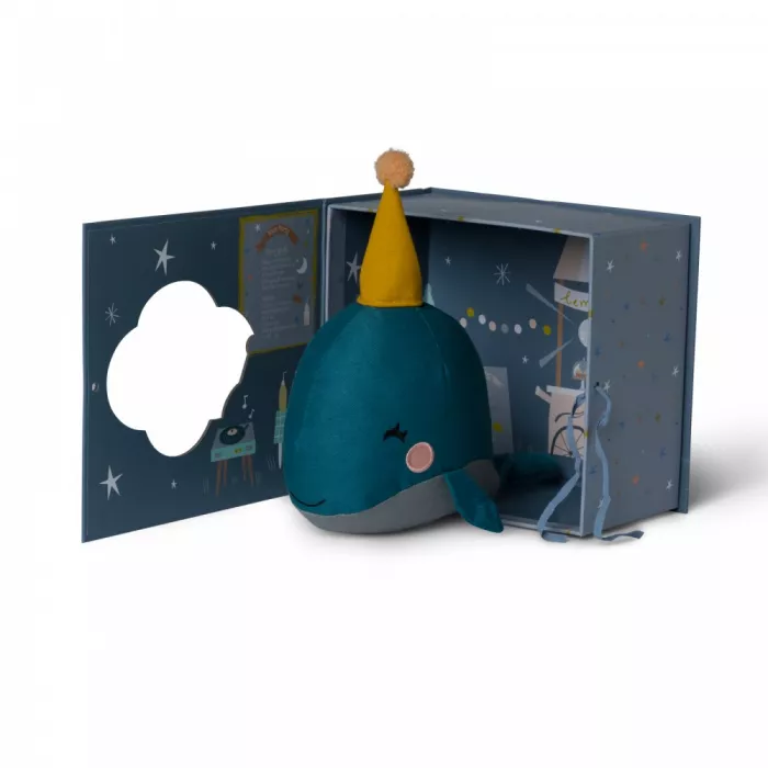 Jucarie textila in cutie cadou - Balena cu palarie de petrecere - PICCA LOULOU