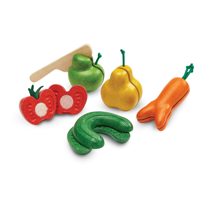 Set haios de fructe si legume din lemn pentru feliat - Plan Toys Set haios de fructe si legume din lemn pentru feliat - Plan Toys