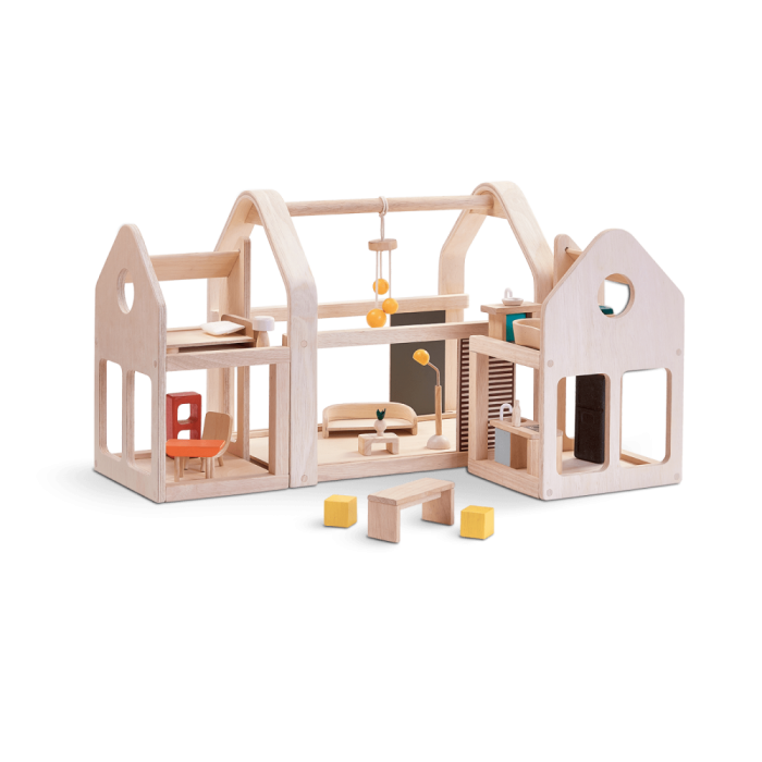 Casuta din lemn pentru papusi portabila - cu mobilier inclus - Plan Toys Casuta din lemn pentru papusi portabila - cu mobilier inclus - Plan Toys